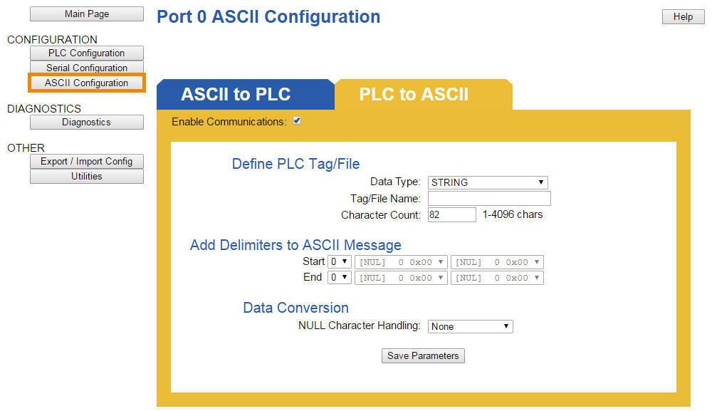 Setting up PLC to ASCII Communication Click the ASCII Configuration button under the CONFIGURATION section.
