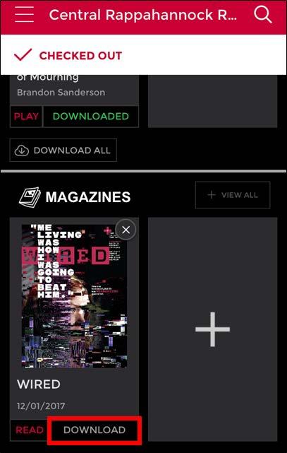 7. To view your borrowed emagazines, tap the icon in the upper-left corner, and then tap CHECKED OUT : 8.