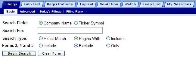 Basic Search To perform a Basic Search: Enter the company name or use the ticker symbol. Click Begin Search.