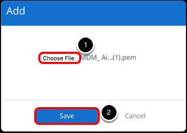 1. Click Choose File and select the previously downloaded.pem file. 2. Click Save.