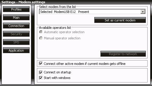 7.3.4 Settings of To set modem parameters or to change them, click Settings in the main Modem Control Tool window.