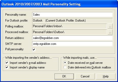 Figure 3: Personality Settings for Outlook Click OK to save the settings. Setup POP3 Click Accounts on the email-lead Grabber toolbar.