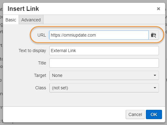 Inserting a Link To insert a link on a page: 1. In an open editable region, highlight the text that you want to turn into a link. 2. In the toolbar, click the Insert Link button. 3.