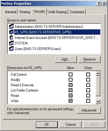 5. Select the IIS_WPG user. 6. Select the Write check box in the Allow column in the Permissions area. 7. Click Apply, then click OK. Configuration for Windows 20