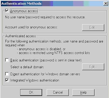 6. In the Anonymous access and authentication control section, click the Edit button. The Authentication Methods dialog box appears. (Windows 2000 Server example) 7.