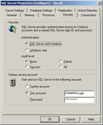 3. Click the Security tab. Under Authentication in the Security section, make sure that SQL Server and Windows is selected. 4.