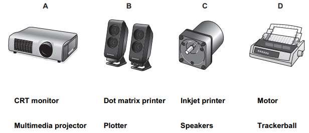 20. Name the output devices A, B, C and D using the words from the list. A- Multimedia projector B-Speakers C-Motor D-Dot Matrix Printer 21.