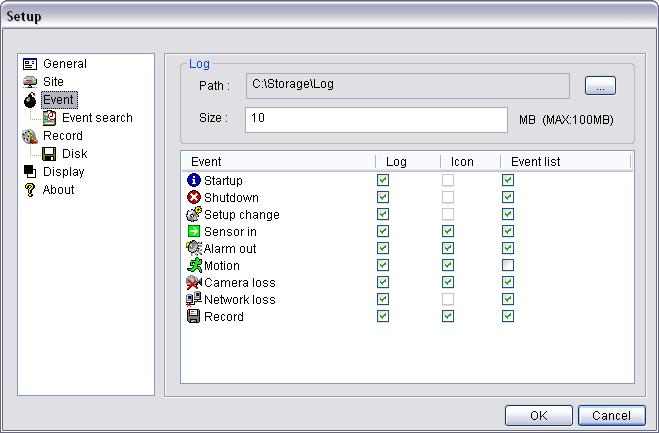 Setting Event Set the record path and the size of local disk space for the