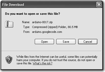 arduino.cc) contains the latest version of the software. Installation on Windows Select the Save option from the dialog, and save the Zip file onto your desktop.