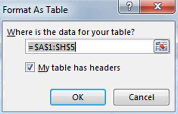 Format as Table button to choose a format to make