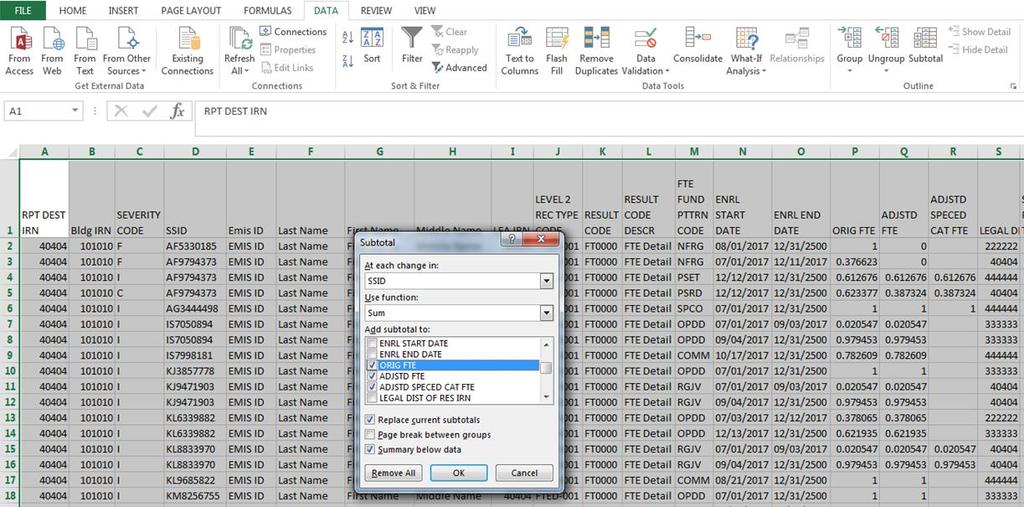 Apply Subtotals From the Data Tab select Subtotal In the Subtotal Prompt select 1.