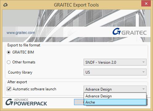 6: Automatic launch of Arche Ossature at export When using the Export feature of BIM Connect, the user can chose whether he wants to automatically launch the software in