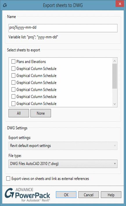 3: Export Sheets to DWG This tool helps the user export Revit Sheets to DWG format. When the command is used for the first time, a dialog pops-up, where several configuration settings can be done.
