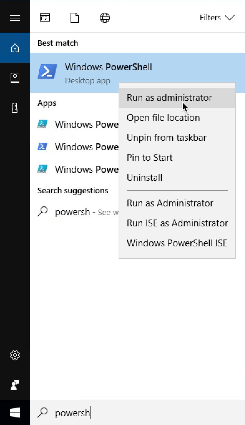2. Right-click Windows PowerShell then select Run as