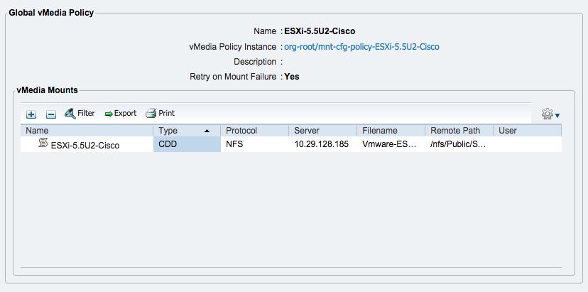 This solution leverages the vmedia profiles to attach an ISO from and NFS server as the service profile