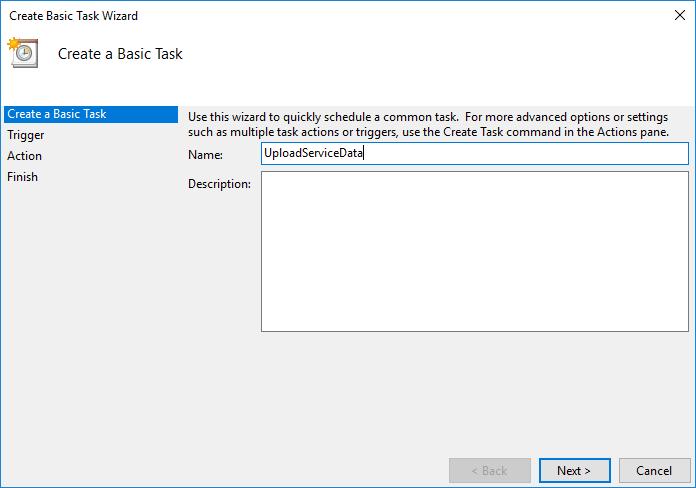 3. This will open the "Create Basic Task Wizard". Assign a name. Click on "Next >". 4.