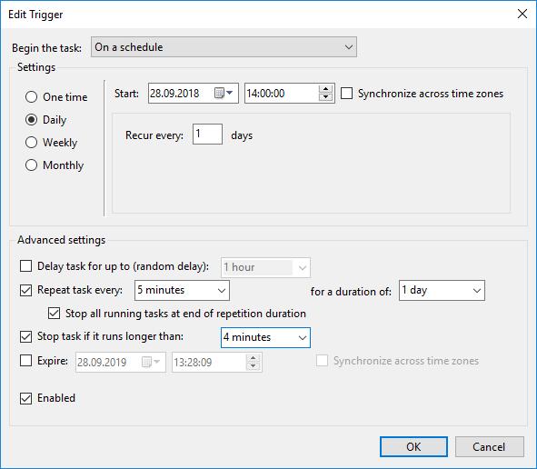 11. In "Advanced settings" activate the option "Repeat task every:" Select "30 minutes" as the interval and change