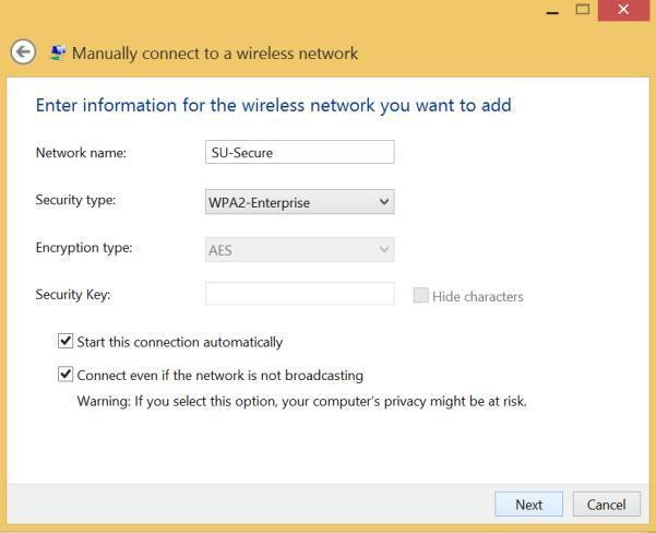 In the Manually connect to a wireless network window, for Network Name enter SU-Secure. For Security type, select WPA2- Enterprise from the drop-down.