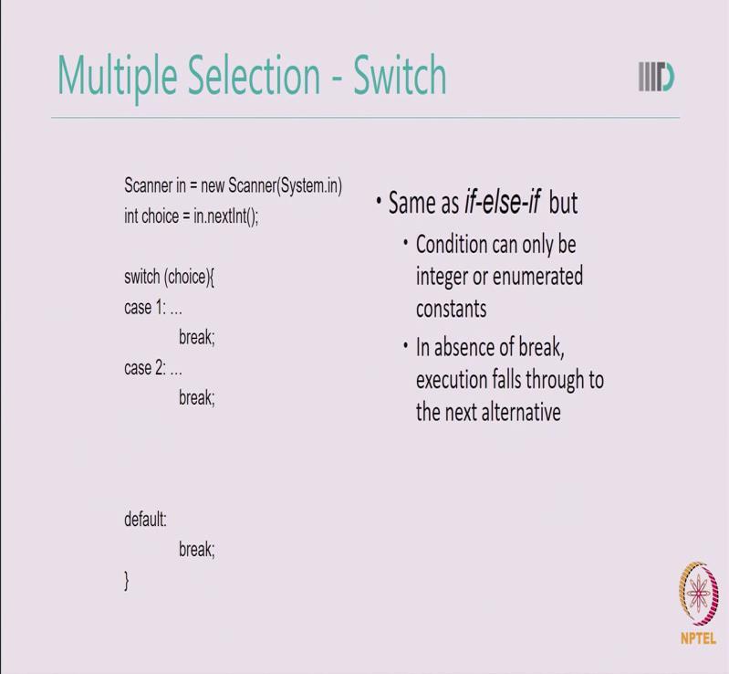 You may want to write similar programs for checking for multiple questions. (Refer Slide Time: 12:41) An alternative to use nested if and else is using a switch statement.