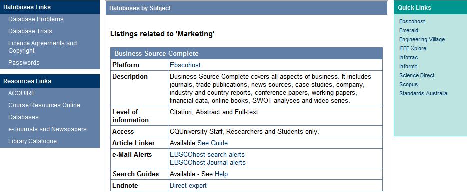 An alphabetical list of all the databases relevant for marketing will open.