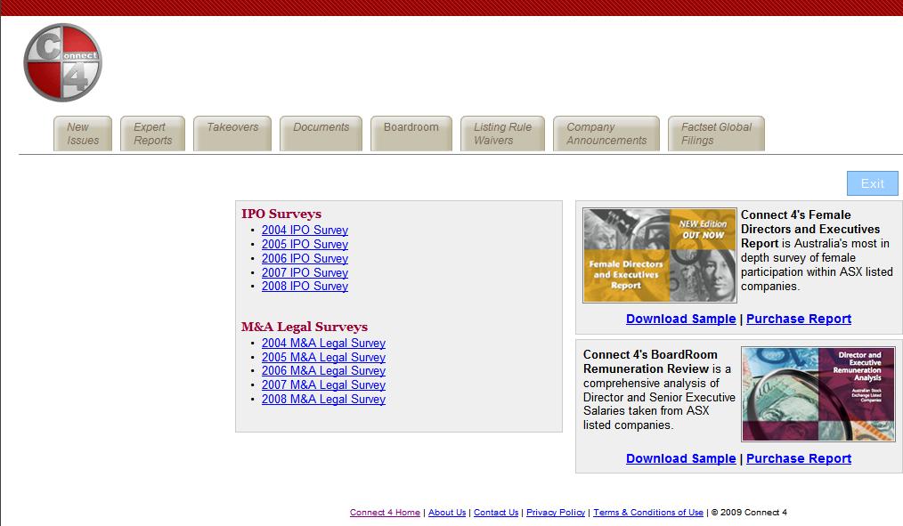 Connect 4 The Connect 4 database contains annual reports for Australian companies from 1992 onwards.