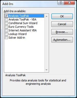 In the Add-Ins window, select Analysis ToolPak (like in the picture to the left). Click OK.