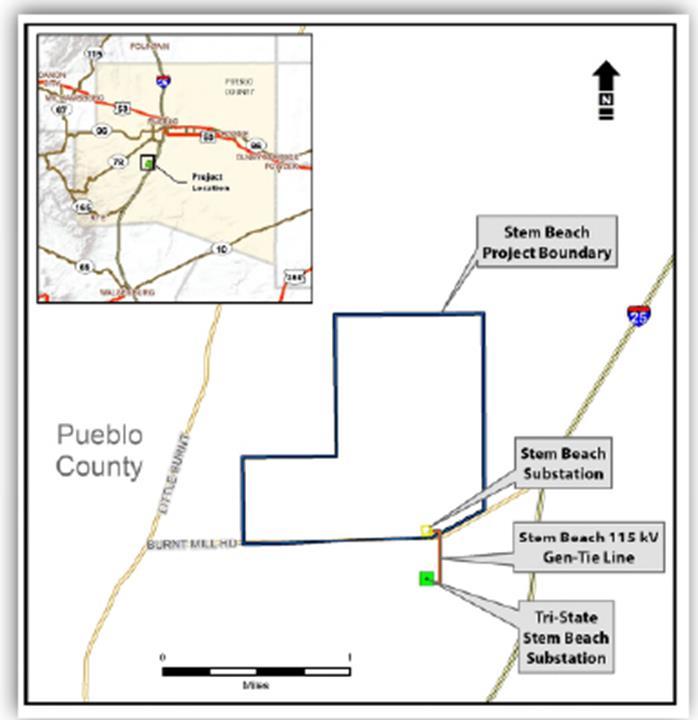 Project Overview ~700 acres under Purchase Option contract as of 2014, recorded in Pueblo County Located north of Burnt Mill Road, approximately ¼ mile from I-25 Invenergy diligently assessed