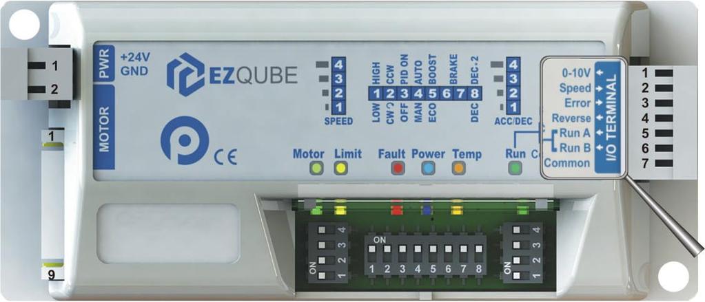 12 EZQUBE Reference Manual TERMINAL CONNECTIONS EZ-Qube has three removable terminal connectors designated as PWR, MOTOR and I/O TERMINAL FIGURE 3 - EZ-QUBE CONECTORS Wire terminals on all removable