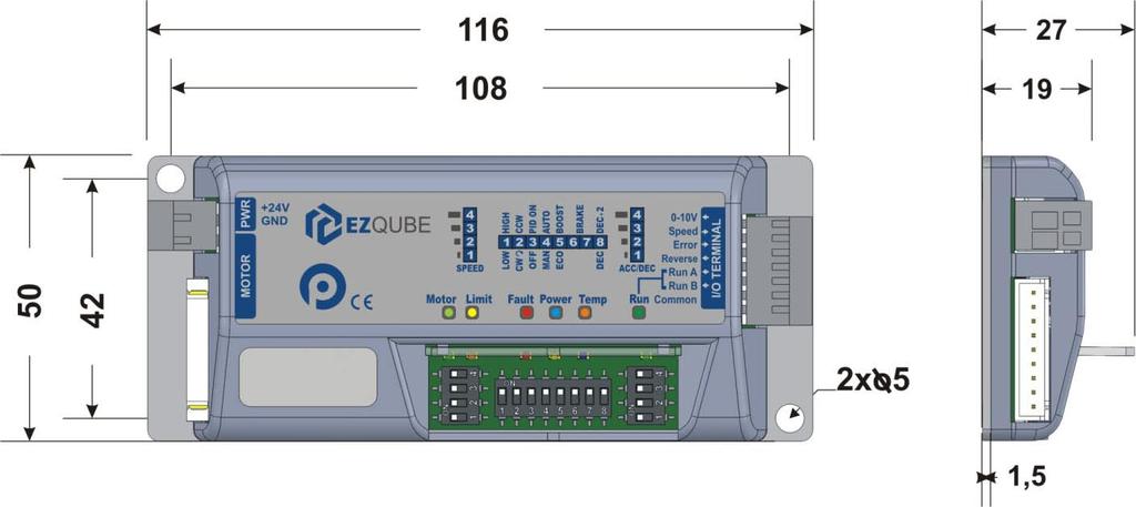 50 EZQUBE Reference Manual MOUNTING DIMENSIONS AND INSTRUCTIONS DIMENSIONS All dimensions in mm. Mounting dimensions as shown below in Figure 22 are the same for all versions of EZ-Qube.