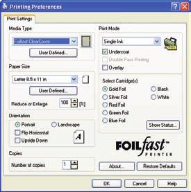 VI-A PRINTING CLEAR COVERS WITH THE FOILFAST PRINTER (Windows) F I G U R E 52 F I G U R E 53 C. MULTIPLE COLOR PRINTING 1. Choose Print from File menu. The main Print dialog box appears (Figure 53).