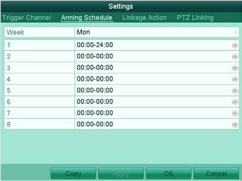 Figure 8. 6 Set Arming Schedule of Alarm Input Choose one day of a week and Max. eight time periods can be set within each day, and click Apply to save the settings.