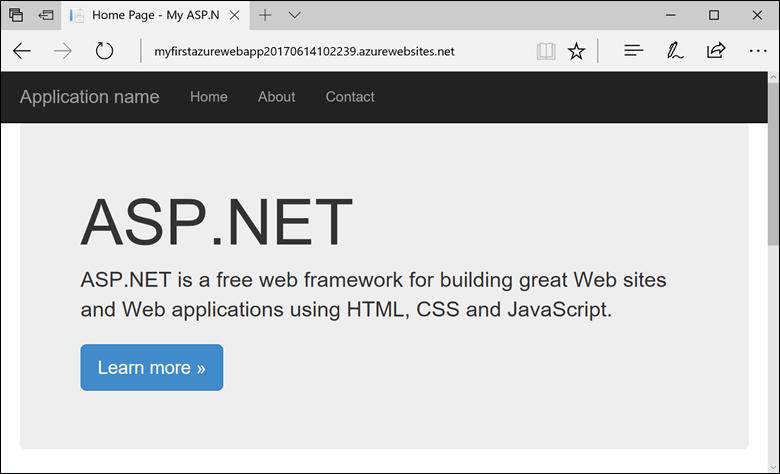 The app name specified in the create and publish step is used as the URL prefix in the format http://<app_name>.azurewebsites.net. Congratulations, your ASP.