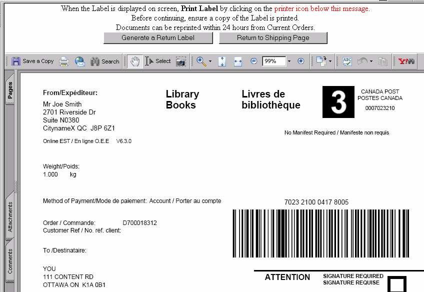 Before continuing with your order, ensure you have printed a copy of the label. Note: The Shipping Label is displayed.
