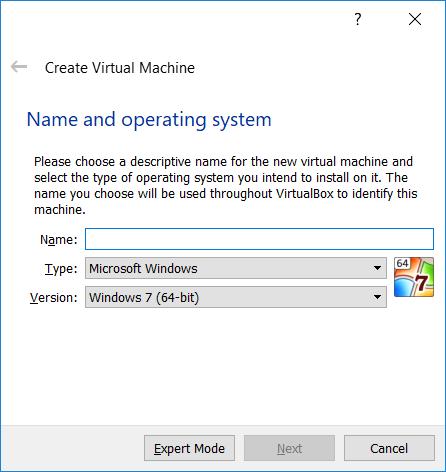 There are three filds to be completed. (1) The name of your new virtual machine (VM). Here we will choose C4sys.
