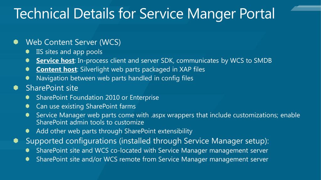 The Service Manager portal components include the web content server and a SharePoint site. The web content server is an IIS site, and has an application pool.