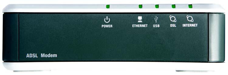 The Front Panel The Modem's LEDs, where information about network activity is displayed, are located on the front panel. Figure 2-2: Front Panel Power Ethernet USB DSL Internet Green.