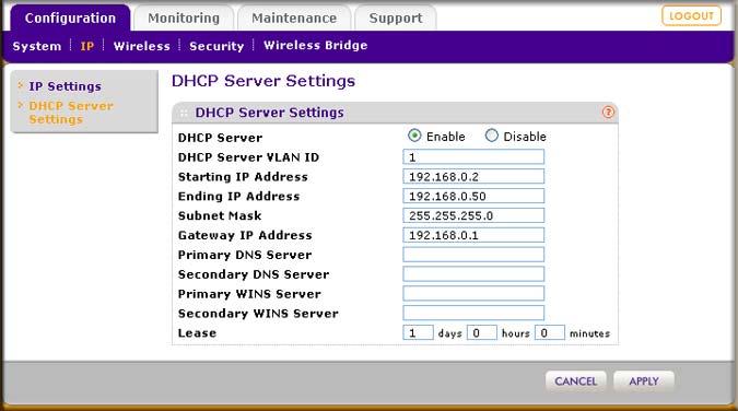To configure DHCP server settings: 1. Select Configuration > IP > DHCP Server Settings.