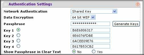 WEP Encryption Settings Field Data Encryption Passphrase Descriptions Select the encryption key size from the drop-down list: 64-bit WEP. Standard WEP encryption, using 40/64-bit encryption.