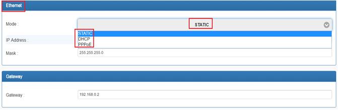 2.2 Ethernet configuration: click arrow of Mode to select DHCP or STATIC. STATIC needs a fixed IP input manually.