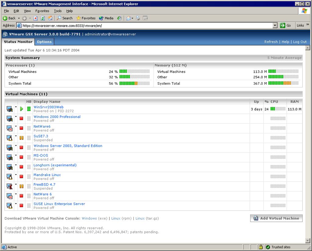 VMware GSX Server Administration Guide Using the Status Monitor The Status Monitor page contains a high-level view of the GSX Server host including a host system summary and list of all virtual