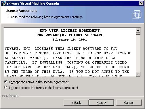CHAPTER 2 Installing VMware GSX Server where <xxxx> is a series of numbers representing the version and build numbers. The InstallShield Wizard dialog box appears. Click Next. 2. Accept the end user license agreement (EULA).
