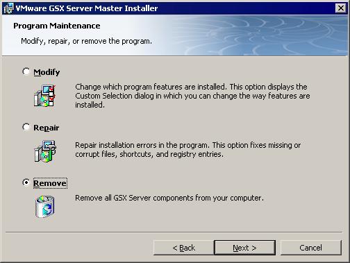 VMware GSX Server Administration Guide 3. Select Remove, then click Next. 4. When you are ready to begin removing GSX Server, click Remove. 5.