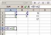 Simple Calculations AutoSum Σ In cell reference A1 type 2, in cell B1 type 4. In C1 click on the AutoSum button on the menu bar. You should see the details opposite.