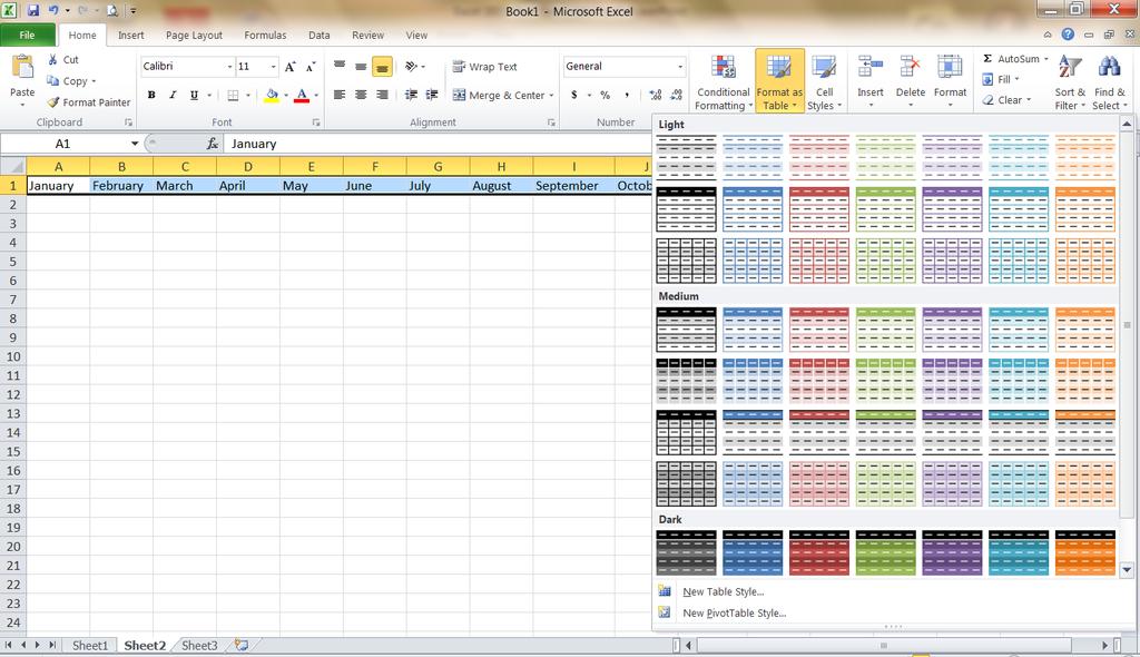 To make tables for any data on your spreadsheets, highlight your data, (Cells A-1