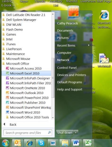 Accessing Microsoft Excel 1) Click the Start button on the taskbar at the bottom left-hand corner of the screen - The Start menu opens.