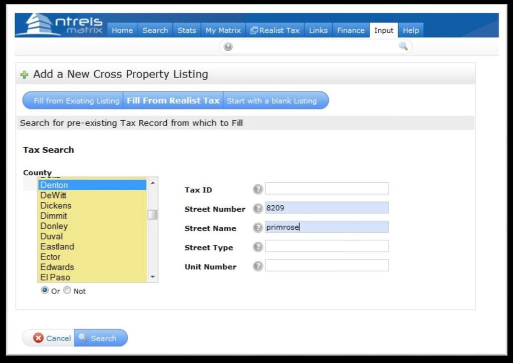 Option 2: Fill From Realist Tax Select County Input Tax ID OR Address information