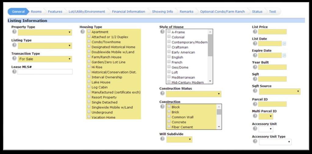 Option 3 : Start with a blank listing Select each tab based on the type of data Use tabs at top to advance to next section All required fields will be shown in yellow Using TABS Data is separated by