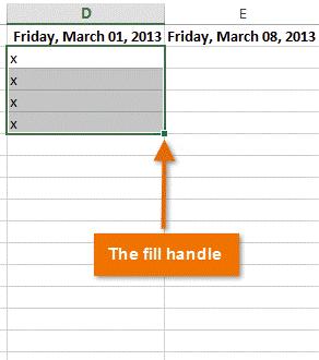 Fill Handle There may be times when you need to copy the content of one cell to several other cells in your worksheet.