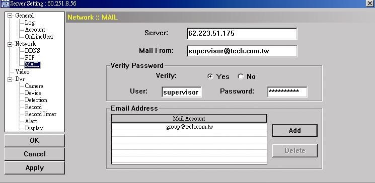 Password ( 確認密碼 ) 有些電子郵件伺服器需要驗證密碼 請輸入 使用者名稱 (User) 和 密碼 (Password) Email Address ( 電子郵件地址 )