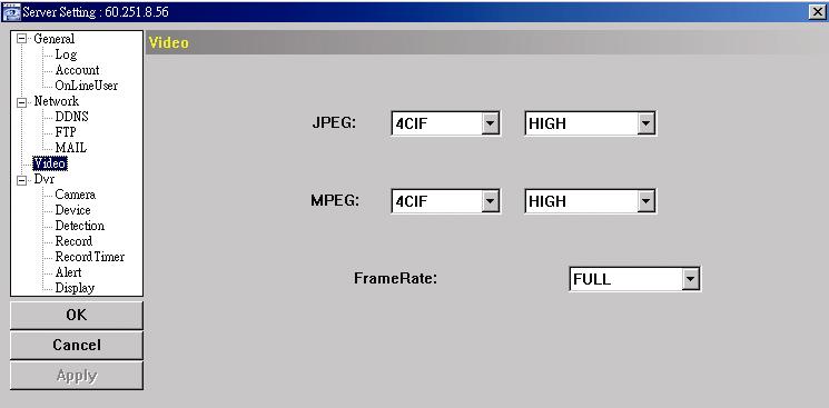 遠端操作 功能 說明 JPEG 若網路傳輸格式為 JPEG, 選擇其影像大小 (4CIF / CIF) 和影像品質 (BEST 最佳 / HIGH 高 / NORMAL 一般 / BASIC 基本 ) MPEG 若網路傳輸格式為 MPEG, 選擇其影像大小 (4CIF / CIF) 和影像品質 (BEST 最佳 / HIGH 高 / NORMAL 一般 / BASIC 基本 )